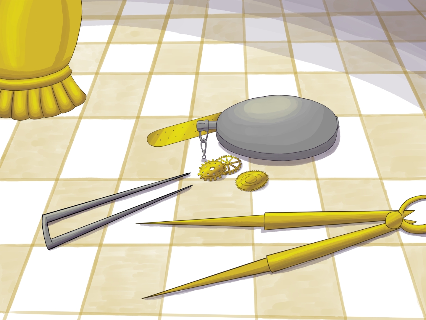 Image description: A close-up of a crafting table covered by a yellow and white checkered tablecloth. On the table is a steel pocket watch surrounded by three brass gears, and three different watch-making tools. Two of the tools are brass and one is steel. To the upper left is a brass lamp that emits a warm yellow glow.