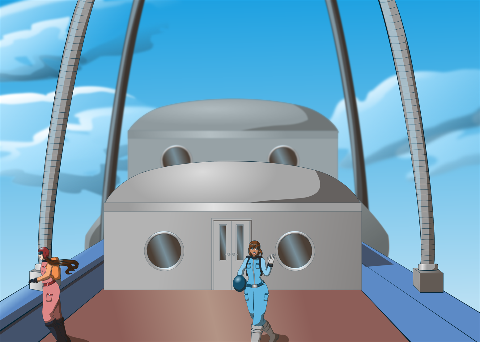 Image description: A digital vector drawing in predominantly sky blue hues. Two characters are standing aboard the deck of an airship; they are both wearing skydiving outfits; one of the characters posing for the camera at the center at the picture. The other is standing to the side with her hands on the edge of the ship, looking at the sky below. This was drawn for Huevember 2022.