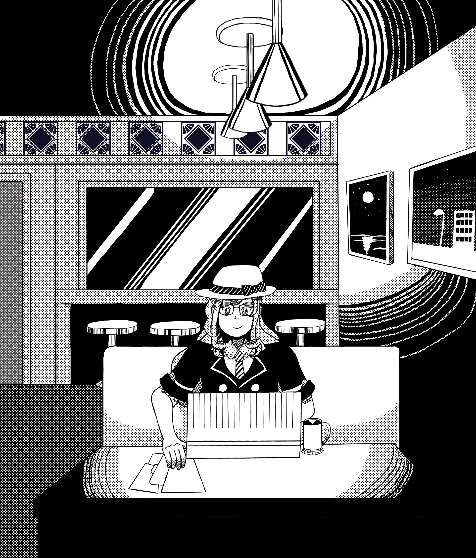 A black and white drawing of Paige at an Art Deco-style cafe. She is seated at a booth and typing on an old laptop while she has a folder with some papers off to one side, and a cup of coffee to the other