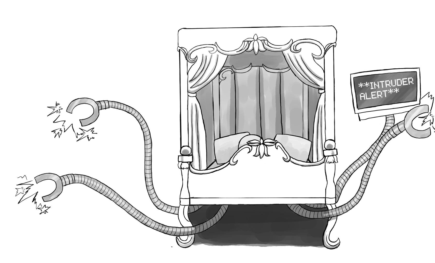 Image description: A rococo style canopy bed with multipel robotic arms extending from underneath it. One of them has a monitor with an intruder alert message and the others have electrified claws.