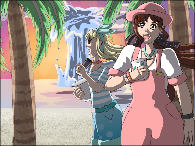 Description: Two characters dressed in 1990’s-style attire look towards the sunset at the beach. Glimpses of palm trees behind the characters are visible at the left and right edges of the image. The character in front is holding a Solo cup with that iconic 90’s swoosh pattern on it. The character behind her has a bucket of popcorn in one hand, and a pair of binoculars in the other. The water reflects the light of the sunset, but something caused a large splash