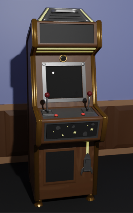 An arcade machine with a wooden cabinet. The front trim and the feet are polished brass. The cabinet has a metal top that looks like a pyramid with the point leveled off, and the front face of the pyramid have a vent-like pattern flanked by a line of yellow neon tubes on each side. A pair of joysticks sit in front of the screen, with a simple red button next to them