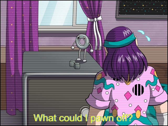 A back view of Lucy, a purple-haired woman wearing a teal visor and a pink shirt with assorted geometric pattens on it. She is kneeled down, nervously looking at the safe in her room, wondering what she has in it that she could pawn off. An action figure of a character that looks like a walking donut stands on the top of the safe, along with a pair of metallic dice. A caption in yellow subtitles reads What could I pawn off?'