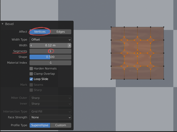 A screenshot from Blender showing a command to bevel selected vertices. When set to 1 segment, the selected vertices form diamond shapes.