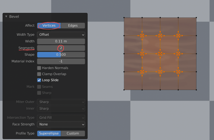 Another screenshot from Blender showing a command to bevel selected vertices. When set to 2 segments, the selected vertices form 4-pointed star shapes.