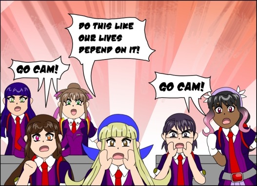 Image description: The group of defendants are cheering for Camelia like their lives depend on it!