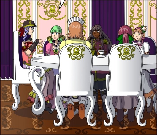 Image description: A distant shot that shows the League members seated at a table