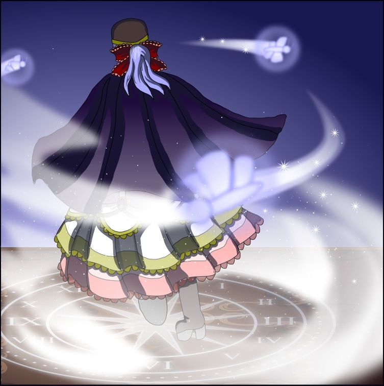 Image Description: Imperatrix faces away from the camera while she cast a teleportation circle. Her skirts and cape billow with the wind surrounding the circle