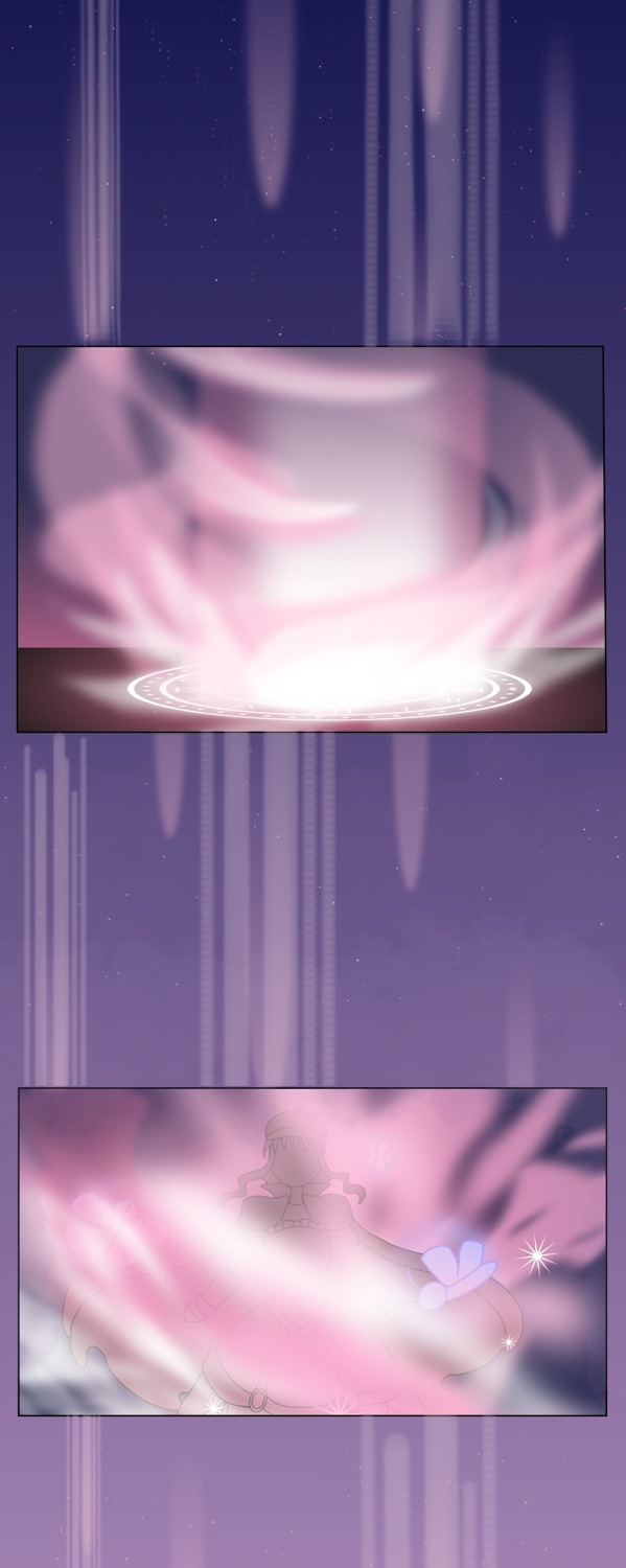 Image Description: Two panels showing Imperatrix teleporting; the teleportation circles cast a pink column of light; in the second panel, her silhouette is visible against the light