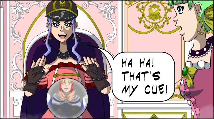 Image Description: Imperatrix looks into a crystal ball that shows the trial that the Magic Gatekeepers put the group of unlucky people who got stranded in time. She looks excited that the moment she was waiting for in the trial is about to arrive. Chelsea appears in this panel from the side, looking curiously into the crystal ball