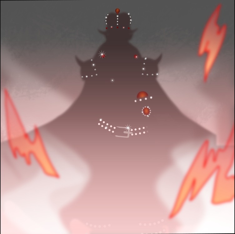 Image description: The silhouette of the summoned appears against the flames from the summoning circle