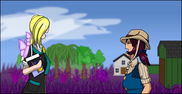 Image description: A panel showing Aurora and Susana facing each other in the side view with the countryside in the background