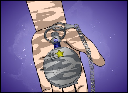 Image description: A close-up of Aurora's hand holding a device that resembles a pocketwatch