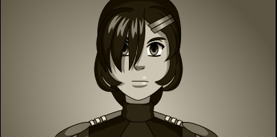 Image description: A sepia-toned panel showing Susana in Minions of Nemesis uniform. She has a stoic expression in the picture