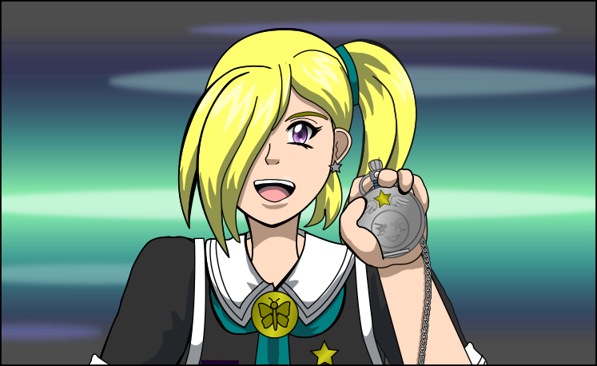 Image description: Aurora holds her transformation device in front of her, about to give a demonstration!