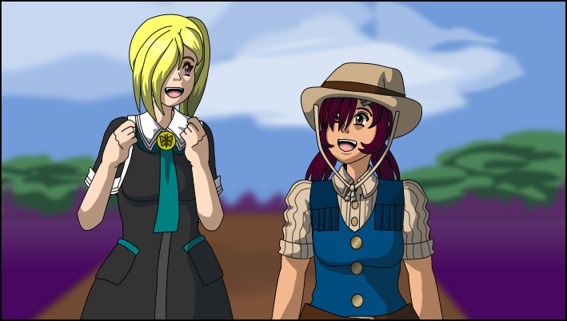 Image description: A front view of Aurora and Susana walking down a path in the countryside. They're talking to each other.
