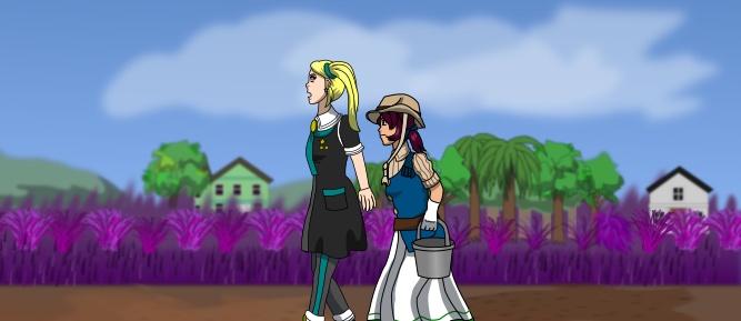 Image description: A panel showing a side view of Aurora and Susana walking through the countryside