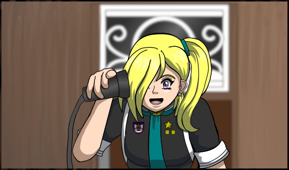 Image description: Aurora talking in the phone booth with the headpiece up to her ear. The ornate window door of the booth is in the background