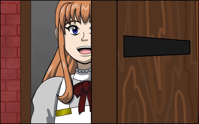 Christina peeks out from the front door of the HQ