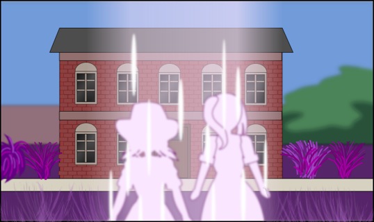 Image description: Aurora and Susana teleported in front of the Magical Renegades HQ, which looks like a simple two-story brick building but there's more to it