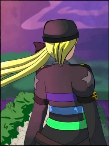 Image description: A back view of Renegade Midnight Conductor as her hair blows in the wind