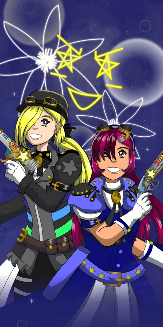 Image description: A retro anime-style panel showing Renegade Midnight Conductor and Renegade Liberty posing against a backdrop that has the Magical Renegades insignia, and the team's flower symbol, a clematis behind them