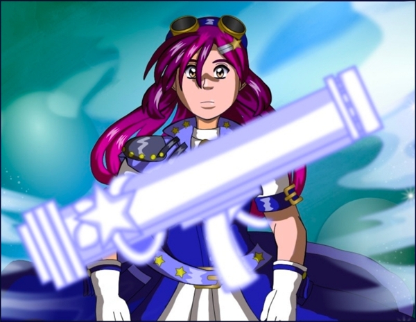 Image description: A panel showing Renegade Liberty starting to revert back to her normal form; her weapon is in front of her and about to revert to its normal form first