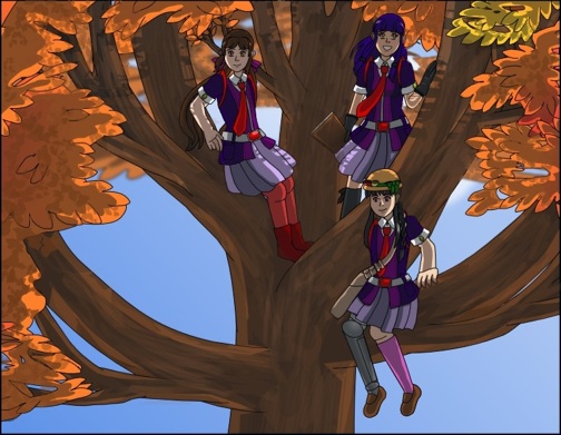 Image description: A wide shot that shows three people standing on or sitting on the large branches of a tree