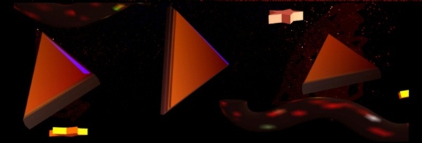 Image description: A look into the time portal which has a cosmic look to it. Red 3D triangles and some other abstract shapes float in space