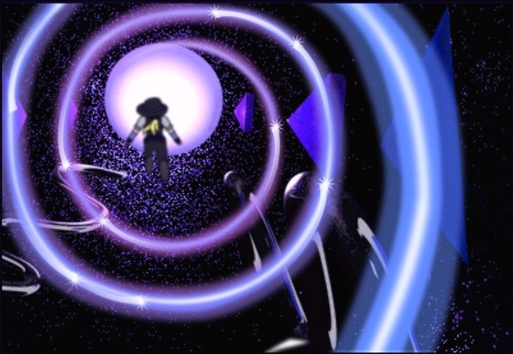 Image description: A different view of the portal and the end of it that shows how it looks like a spiral. Aurora is flying towards the end of the portal; the 3D shapes and the glowing streams in the background shifted from blue to purple
