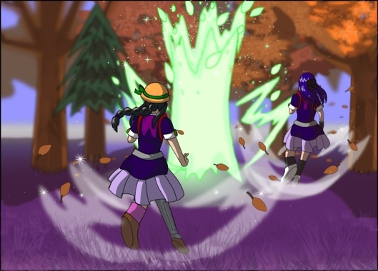 Image description: Melody and Alicia safely land on the ground while the tree in front of them de-materializes