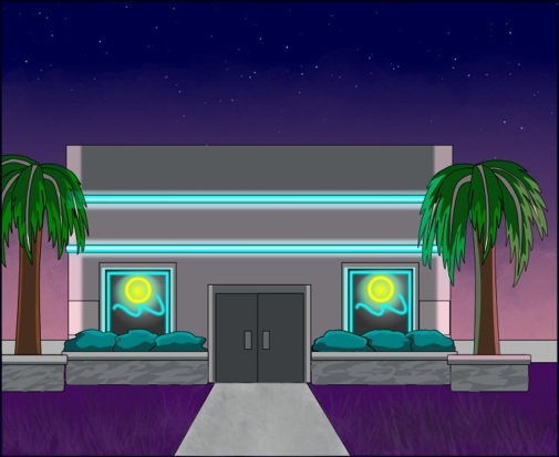Image description: The front view to a vaporware-inspired bar at night
