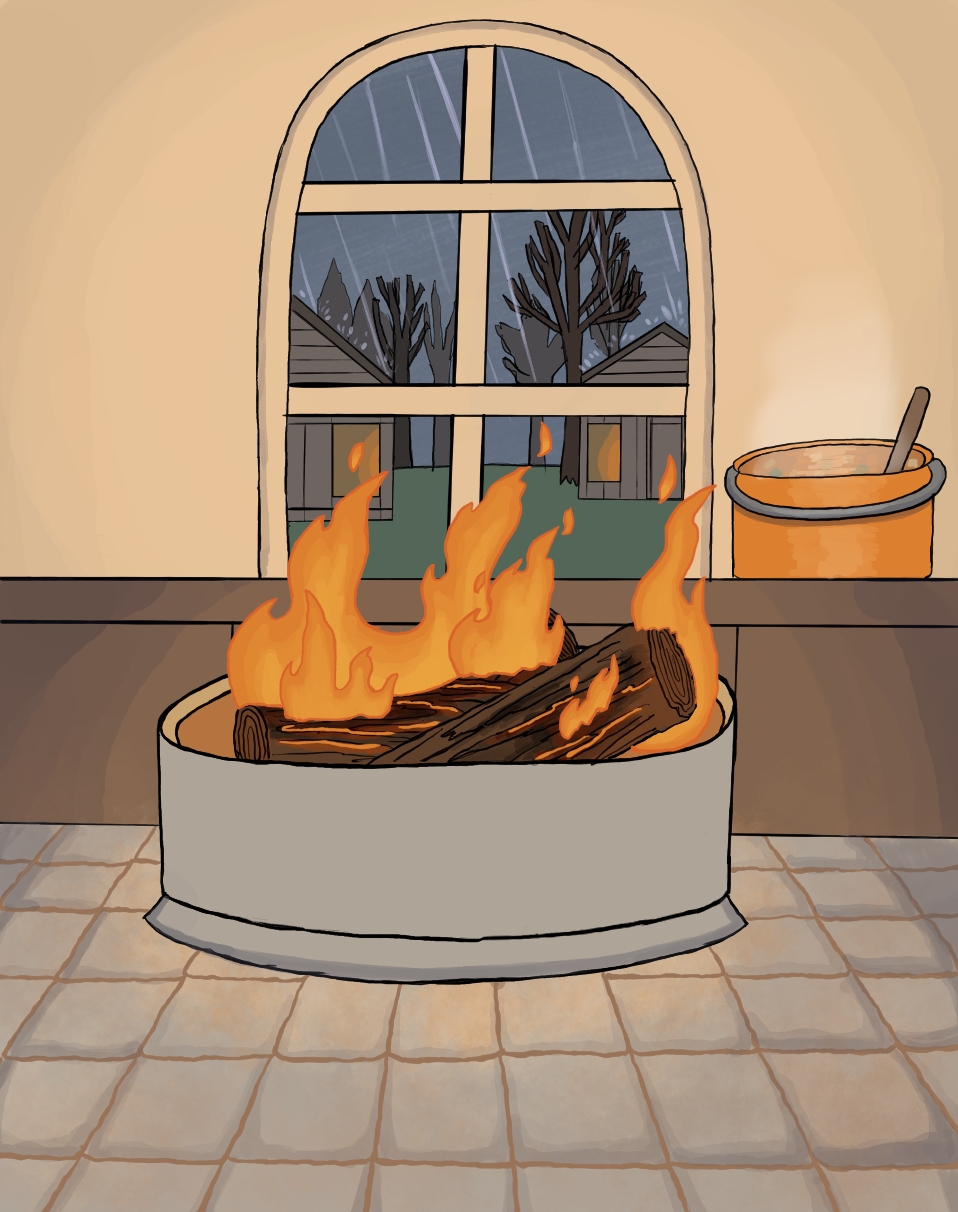 Image description: A digital drawing. An interior of a kitchen area with a large stone hearth in the middle. The hearth has logs in it and a fire burning. Behind the hearth is a wooden counter with a steaming pot of soup next to a window. It is raining outside the window, and the windows of the houses outside glow from the hearths in them.