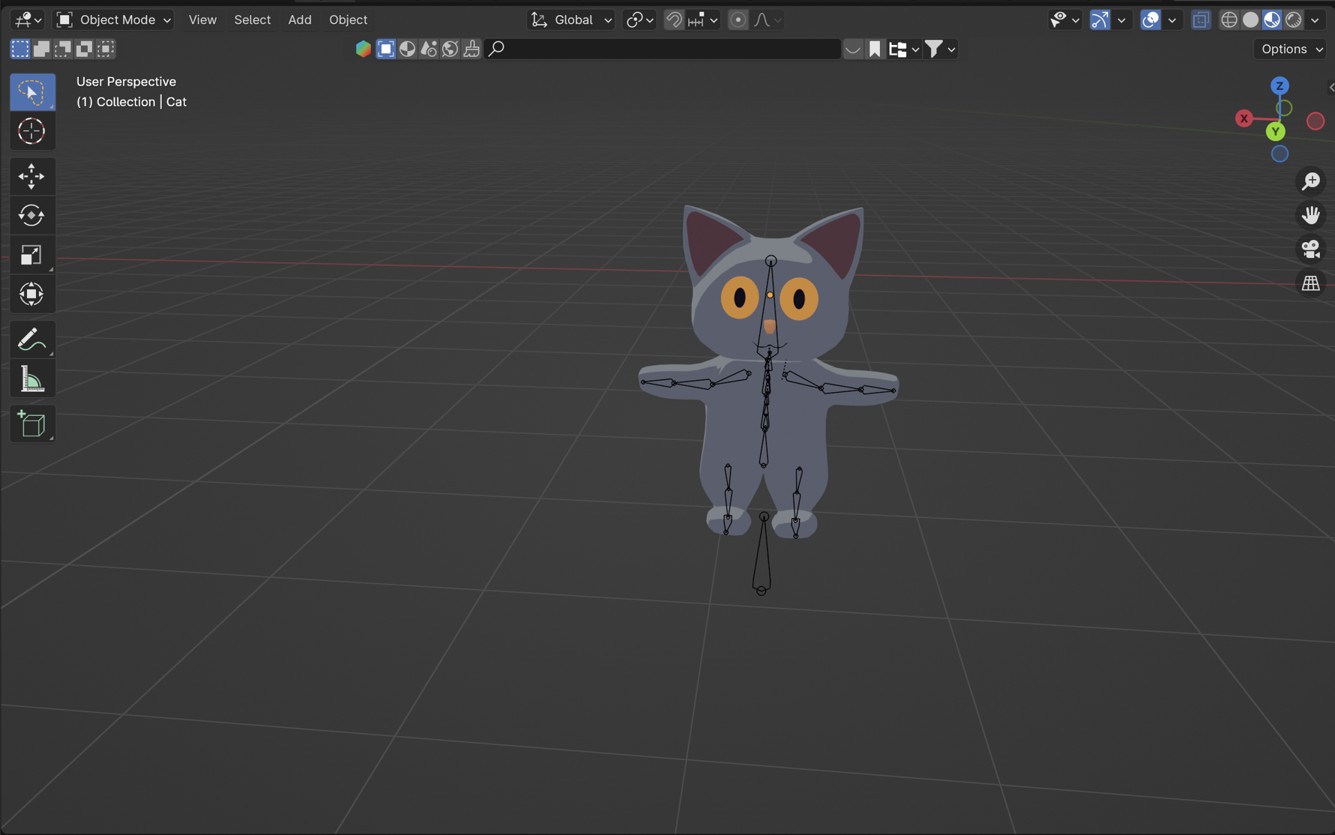 Image description: A screenshot from Blender showing a model of a stylized blue-gray cat with orange eyes, with the rig visible