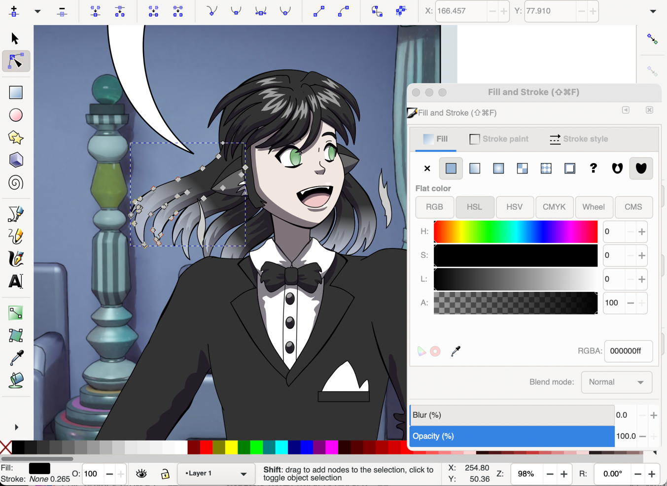 Image description: An Inkscape screenshot that shows a long-haired cat man in a tuxedo. He is eagerly looking to his left and saying something off-panel. A part of his hair is selected in the screenshot to show that it's a path. The selection is a path converted from a duplicated stroke and varies in width to give variation to this part of the lineart.