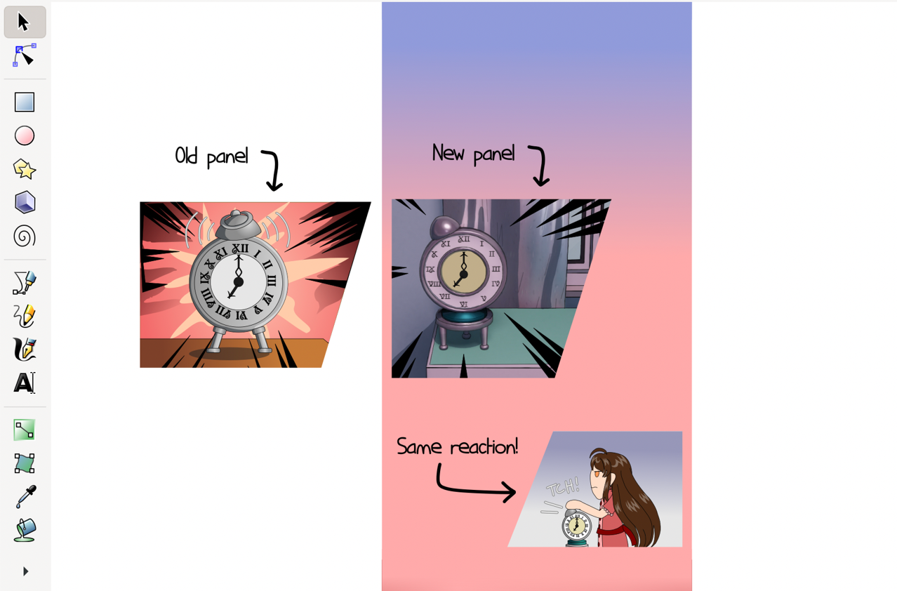 Image description: An Inkscape screenshot showing part of a webtoon episode. The top panel shows an alarm clock on a stand with part of a window and curtain behind them. The alarm clock is old-fashioned but with a Memphis Design-inspired twist, and the stand is white and green. To the left of the panel is a comparison of the same panel from the previous version; an old fashioned metal alarm clock against a red and orange background with speed lines that suggest urgency. On the below panel, a chibi panel of a character turning off the clock and looking annoyed. The new alarm clock panel is labeled 'New panel', the old one to the side is labeled 'Old panel', and the bottom panel is labeled 'Same reaction'