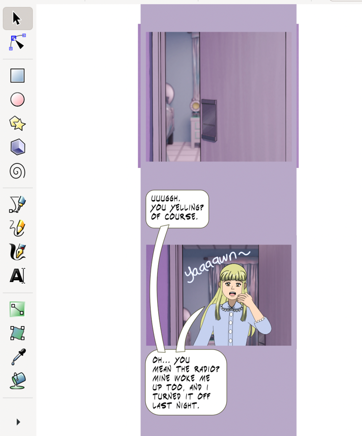 Image description: An Inkscape screenshot showing part of a webtoon episode. The top panel shows the door to a hotel room partially opened. The bottom panel shows the door was opened further, and the inhabitant, a young woman with blonde hair and wearing blue pajamas, steps out. She yawned and said 'Uuuggh. You yelling? Of course.' In a speech balloon above the panel. Below the panel, she said 'Oh... You mean the radio? Mine woke me up too, and I turned it off last night.'