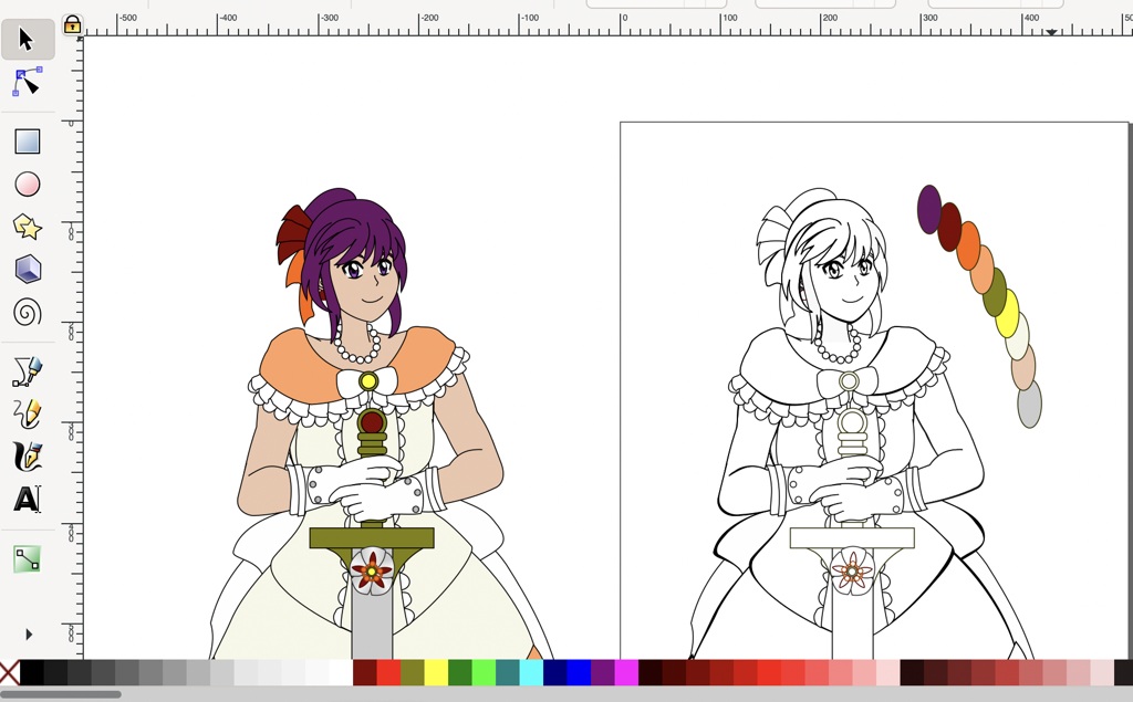 The first step showing that a vector of a character with the base colors applied. A duplicate is next to it, with all of the base colors replaced with white to show just the line art.