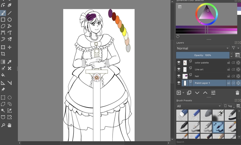 The next step of production in Krita. The line art is transparent over a white background, and the hair of the character started to be colored in a new layer