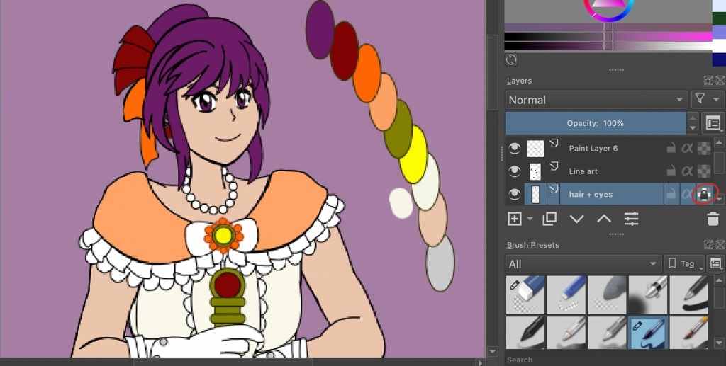 Another WIP that shows the base colors re-applied in Krita. The Alpha Lock icon is circled in red.