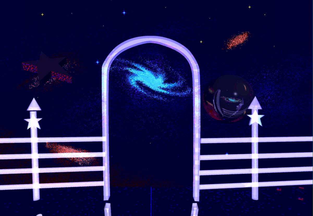 An Infini-D render of a background from episode 11. A cosmic gate with a glass floor in front of it. Behind the gate, the sky is dark blue with visible galaxies and 3D shapes that reflect the galaxies and the gate in their reflections
