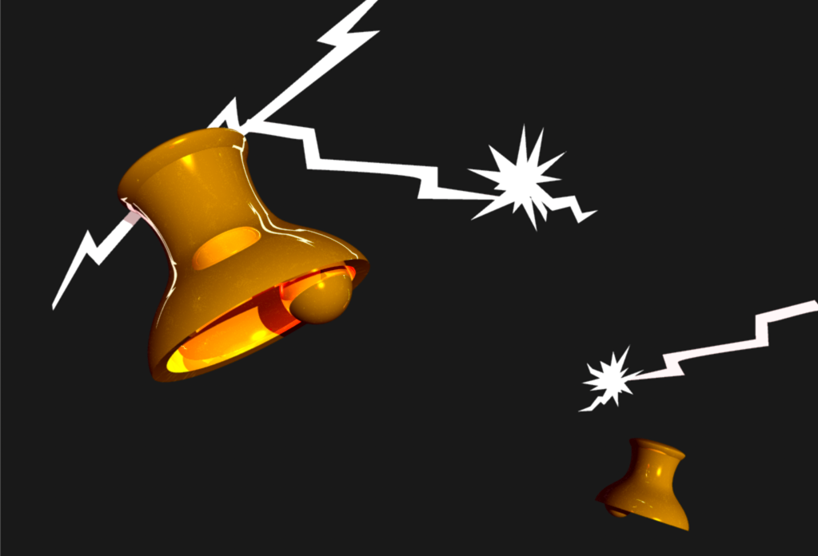 An Infini-D render of a panel from episode 14. Lighting illuminates a black sky, and a pair of golden metallic bells ring. The bells are illuminated by red lights underneath them to give an ominous effect