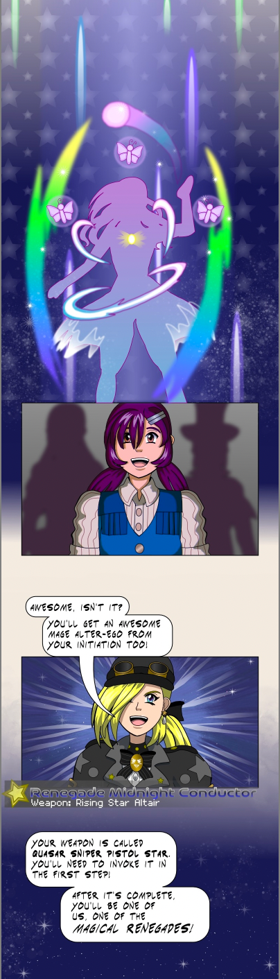 Part of episode 2 of Anathema to Commonsense. Aurora shows off her magical alter-ego and transforms in front of Susana to show her the initiation process