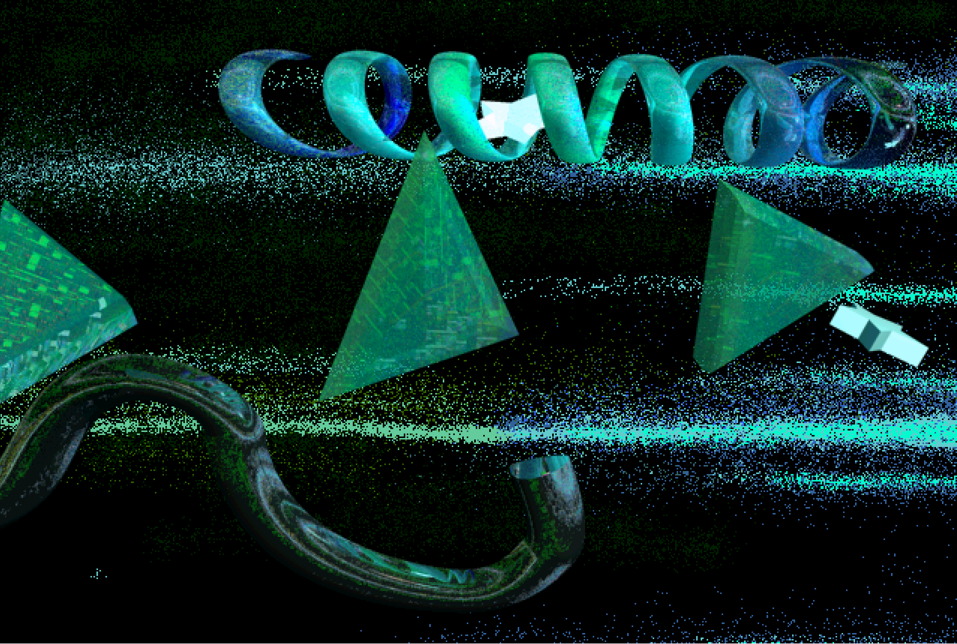 An Infini-D render of a background from episode 5. The inside of a time portal with shiny green shapes