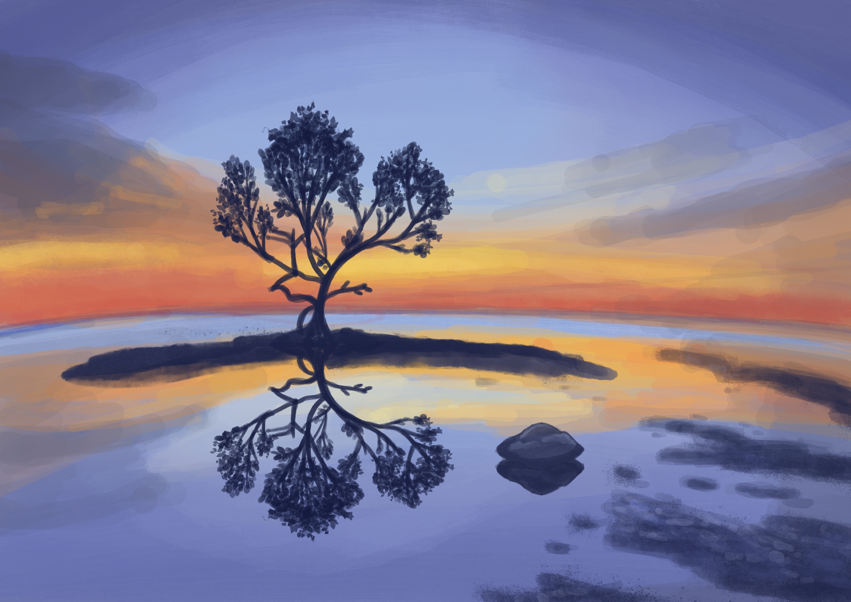 Image description: A tree and a rock standing in a shallow lake in the sunset. The sky is blue with a bright red, orange and yellow sunset. The lake is the bottom half of the picture, reflects the tree, rock and sky
