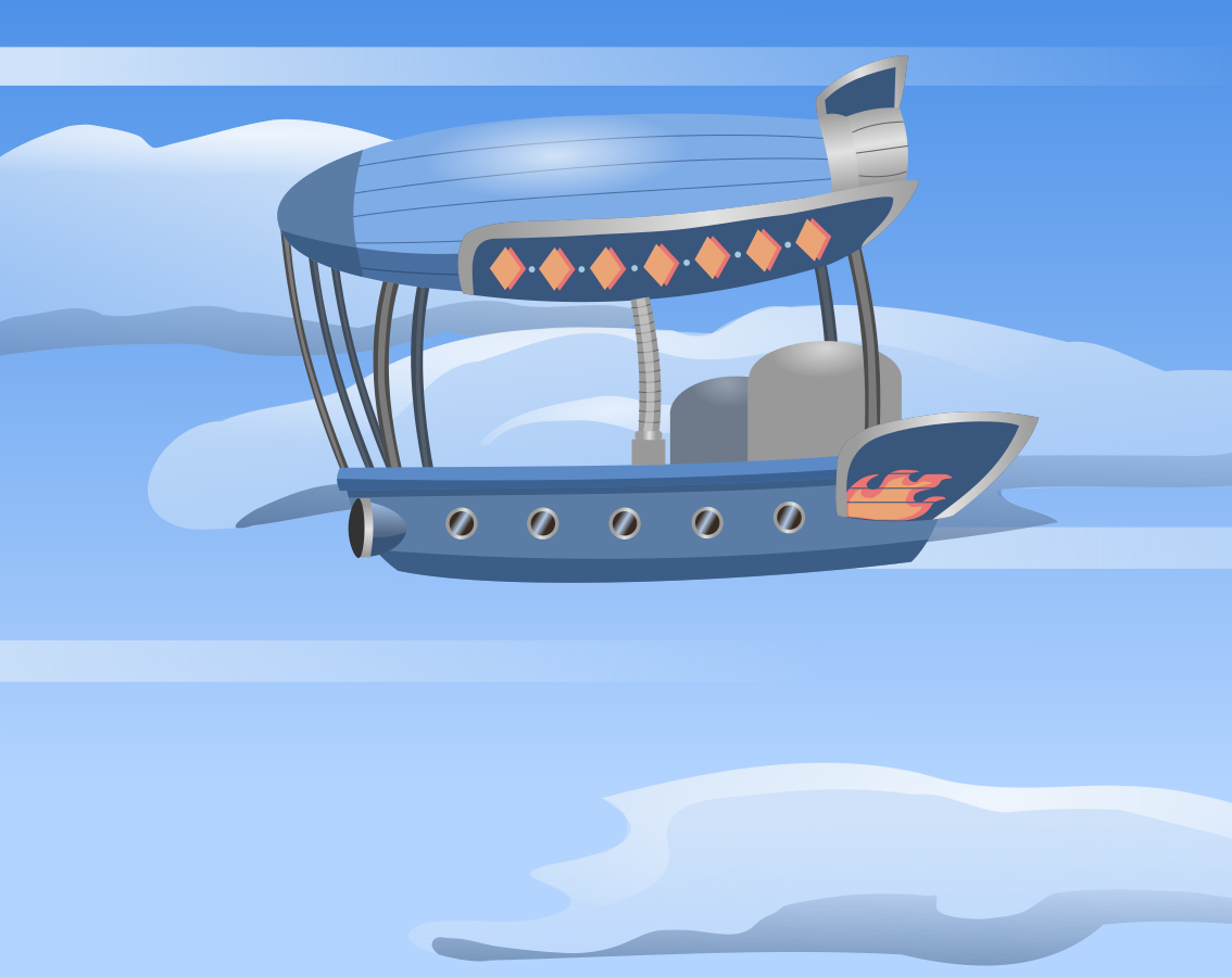 Image description: A flat vector drawing of a blue airship with 1950's-style car fins on the sides with chrome trim. On one of the fins is a diamond pattern and on another is a red and orange flame decal. The sky is blue with light blue clouds.