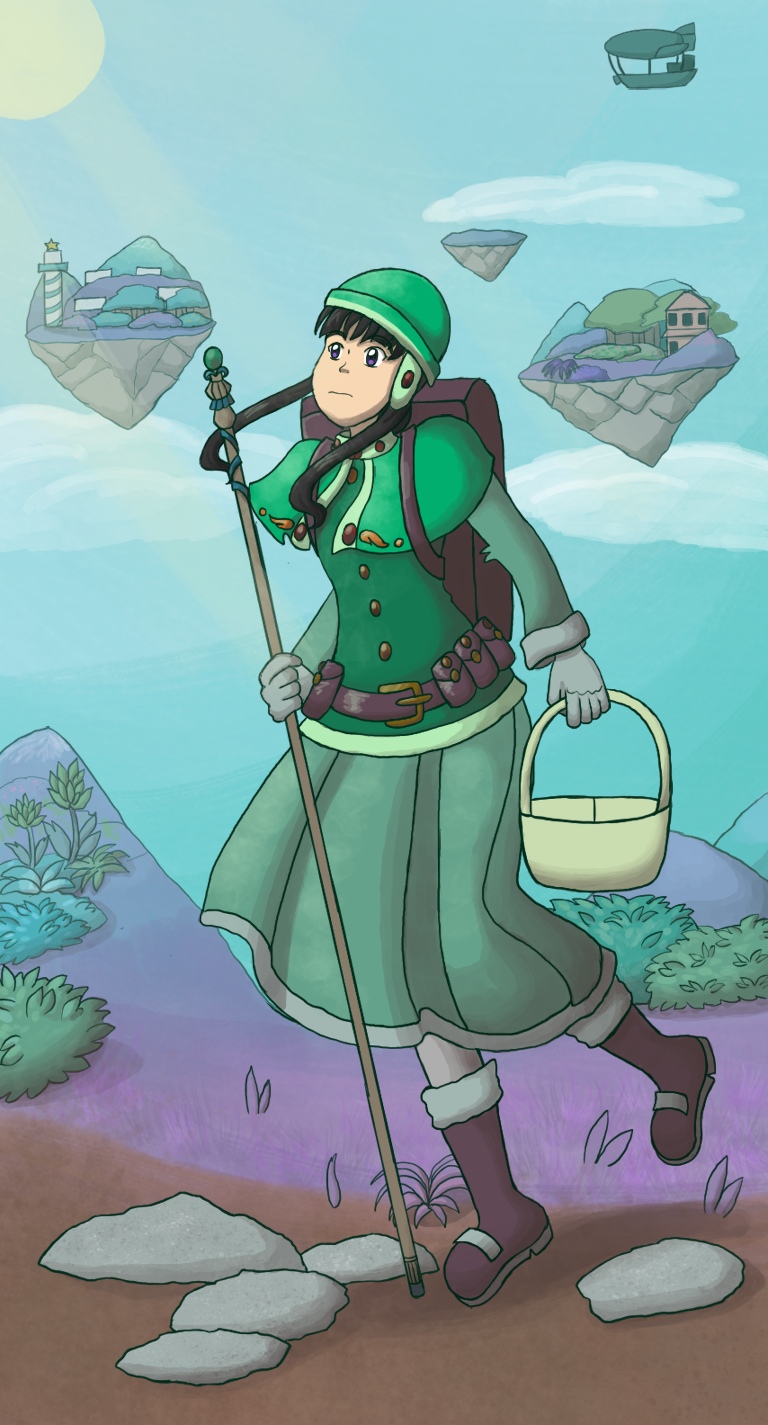Image description: A digital watercolor-style drawing of a woman with long black hair and wearing a green mage outfit with a wooden hiking stick, hiking boots, a backpack and belts with climbing gear. She looks into the distance and stands on a mountain that has several shrubs in shades of blue and green. In the sky are 3 floating islands and an airship that are visible; two of the islands also have mountains and shrubs while the other is bare.