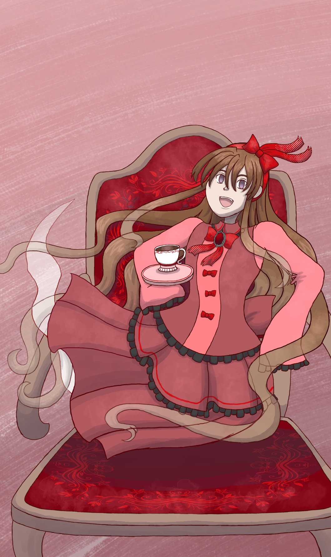 Image description: A watercolor-style digital drawing of a ghostly woman with long flowing brown hair that is lighter and  faded towards the ends. She wears a Victorian-style red dress with bright red bows and ribbons, and she is reclining on a wooden chair while she levitates a saucer and a cup of tea in one hand.