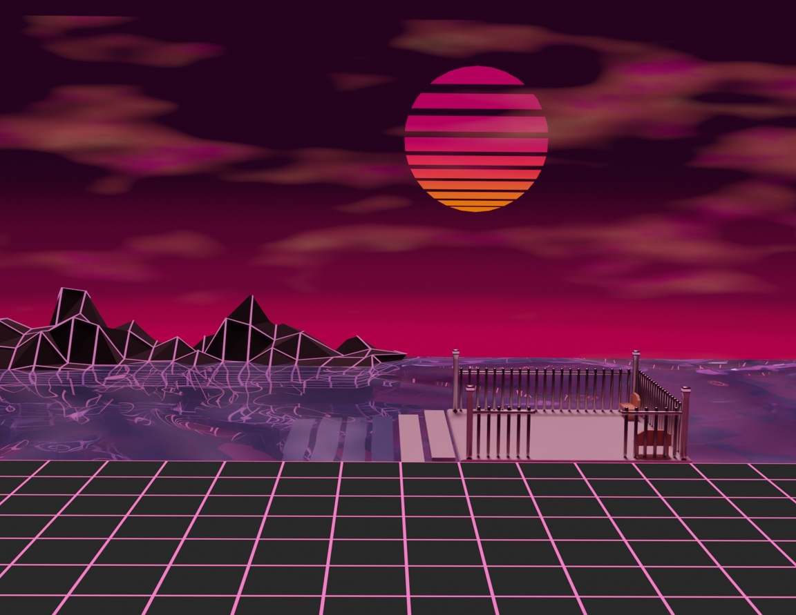 Image description: A 3D render of an Outrun-inspired scene in a predominantly magenta hue. The sky has a dark purple to magenta gradient with pink and orange clouds, a large stylized sun with a pink and orange gradient. In the foreground is a black floor with glowing pink grid lines. In the background are a pier, water and mountains. The mountains have the same grid pattern as the floor