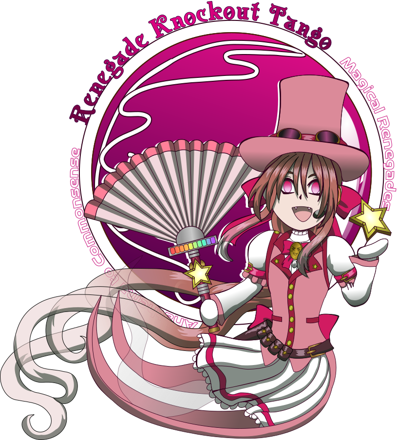 Image description: A digital art drawing for Huevember 2022. An Art Noveau-inspired chibi drawing of a woman in a light reddish-pink, magenta and white outfit. She wears a light pink top hat and jacket with a white puffy-sleeved blouse, magenta ribbons, and a white skirt with magenta trim. She carries a magic weapon in the style of a foldable fan in one hand, and a star-shaped projectile in the other. The background is purple and magenta. On the outside of the background border, the top reads 'Renegade Knockout Tango'. Along the bottom it reads 'Magical Renegades Anathema to Commonsense'.